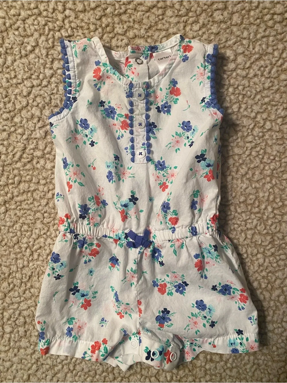 Carter’s Baby Girl Flowered Romper White W Pink Orange Blue Flowers Blue Bow